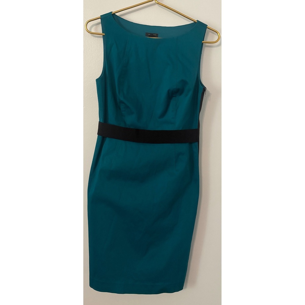 Ann Taylor Teal Blue Sleeveless Sheath Dress with Black Ribbon Waist Size 4